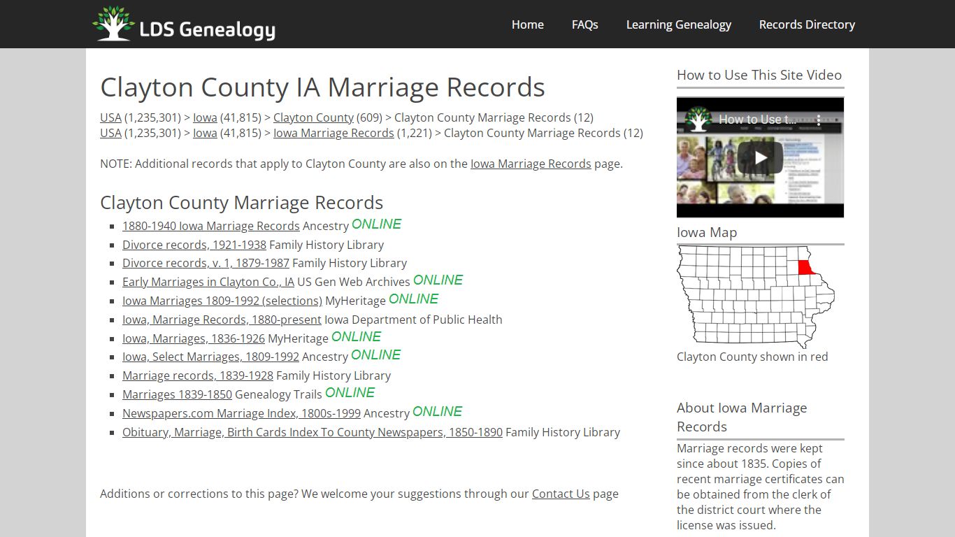 Clayton County IA Marriage Records - LDS Genealogy